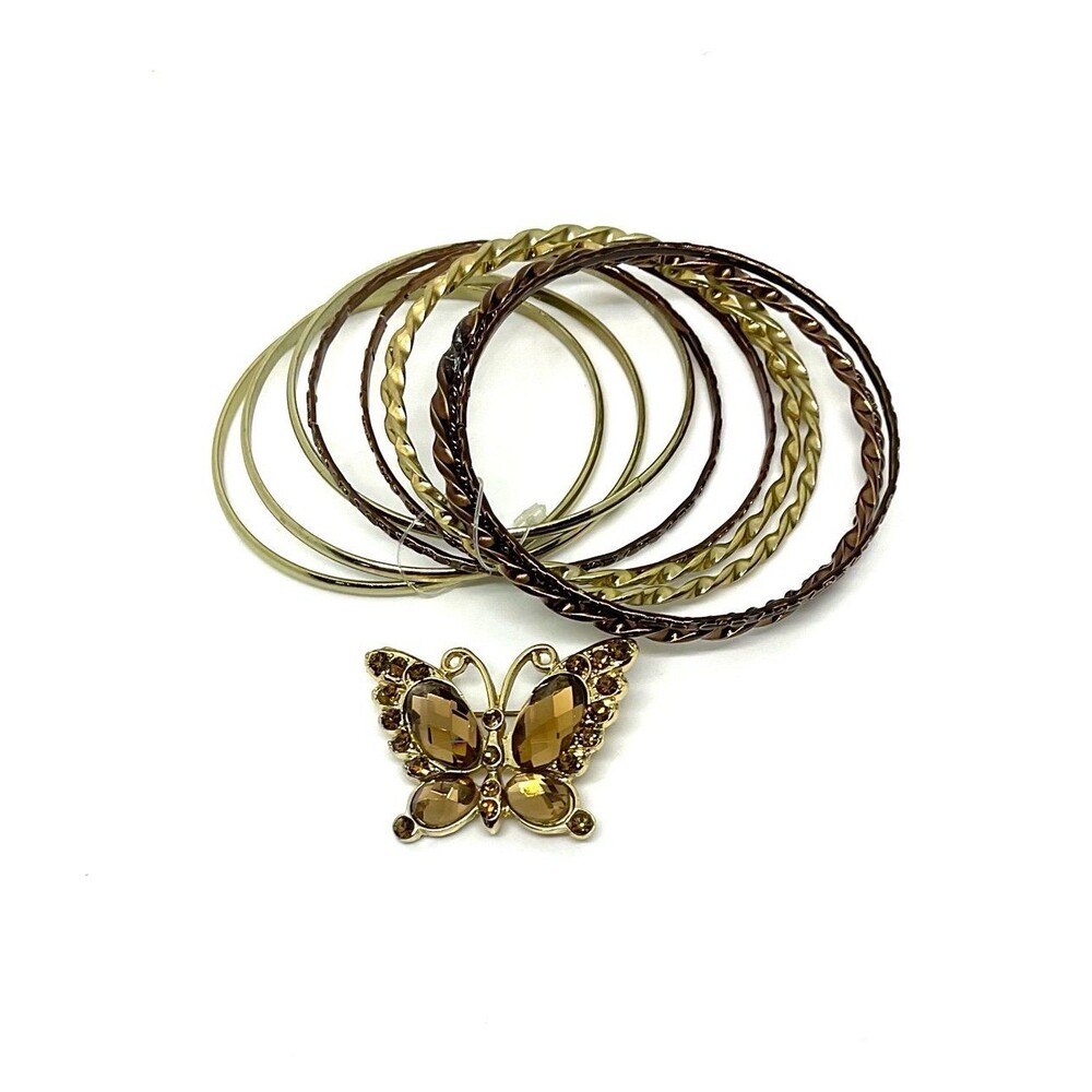 Costume Jewelry-10 Gold Tone Bracelet & 1 Gold Tone Butterfly Brooch